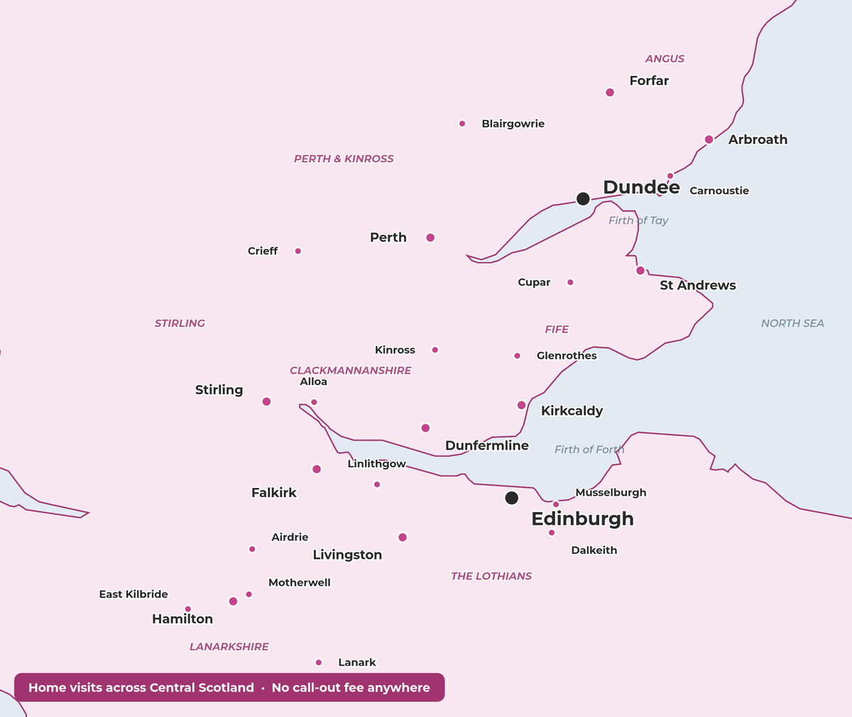 Map of the areas JC Micro Suction covers for home ear wax removal across Central Scotland, including Edinburgh, Fife, Dundee, Perth, Stirling, Falkirk and Lanarkshire